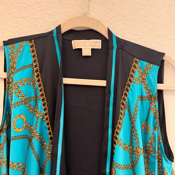 Michael Kors Chain Print Open Front Sleeveless Drape Vest Blue Black Size S/M - Picture 2 of 7